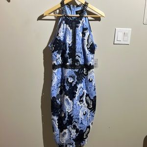 NWT- Blue, white and Navy floral lace midi length dress